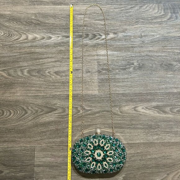 Ramla Bejeweled Crystal Evening Bag Emerald Green Chain Strap Top Handle Formal - Picture 10 of 14